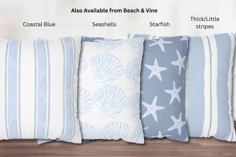 May include: Four decorative throw pillows with coastal themes. Designs include vertical stripes, seashells, starfish, and thick stripes. The pillows are in shades of blue and white, with the text "Coastal Blue", "Seashells", "Starfish", and "Thick/Little stripes".