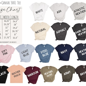 May include: Bella + Canvas 3001 tee size chart with measurements in inches. The chart shows the width and length of the tee in sizes S, M, L, XL, 2XL, and 3XL. The chart also shows the different colours available for the tee, including white, ash, athletic heather, natural, asphalt, dark grey heather, soft pink, light blue, steel blue, navy, heather navy, black, heather peach, maroon, heather olive, army, and brown.