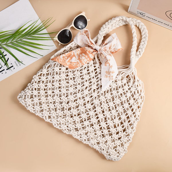 Handmade Cotton Rope Mesh Pocket Beach Bag,Solid Color Shoulder Weaving Bag,Fashion Fishing Mesh Pocket,Bridesmaid Bag,Vacation Beach Bag