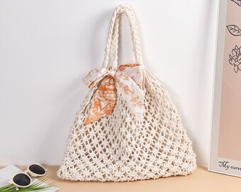 Handmade Cotton Rope Mesh Pocket Beach Bag,Solid Color Shoulder Weaving Bag,Fashion Fishing Mesh Pocket,Bridesmaid Bag,Vacation Beach Bag