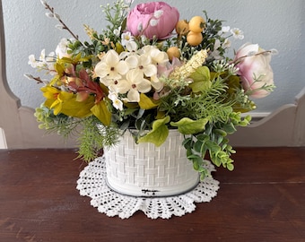 Farmhouse Spring Floral Arrangement Peony Kitchen Table Centerpiece, Dining Table Spring Arrangement Cottage Mother's Day
