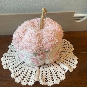 Vintage White and pink Roses Chenille Pumpkin decor, real pumpkin stem, farmhouse accents,Pink pumpkin