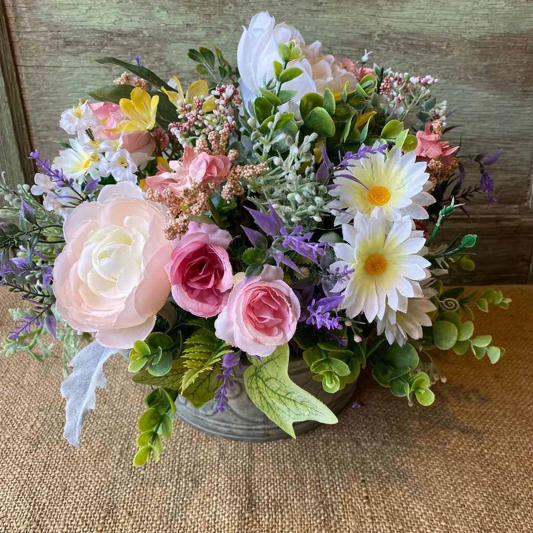 Farmhouse Spring Floral Arrangement, Kitchen Table Centerpiece, Dining