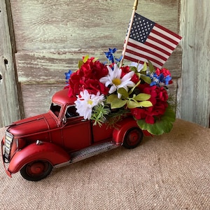 Old Rustic Red Truck White and Blue Americana Arrangement Floral Fourth of July Truck, Indepndence Day Patriotic Decor