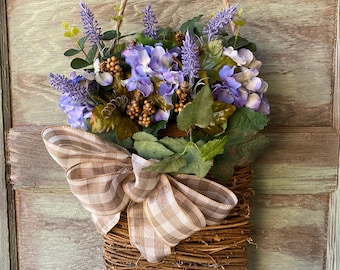 Hydrangea Door Basket Wreath Farmhouse Lavender Spring Summer Cottage front Door Wreath