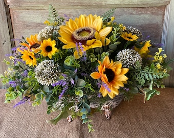 Galvanized Bathtub Farmhouse Lavender Sunflowers Metal Summer Fall Arrangement Sunflowers centerpiece