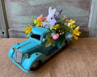 Farm Rustic Aqua Spring Truck Rabbit Bunny Arrangement with Flowers Primitive centerpiece