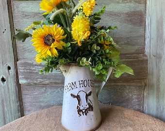 Sunflowers farmhouse Cow Pitcher Spring Summer Fall Arrangement Sunflowers Berries Primitive centerpiece