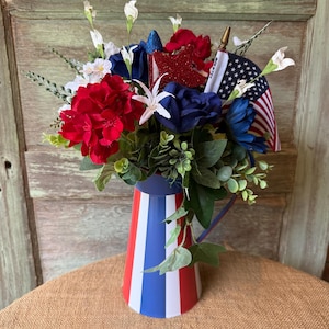 Red, White and Blue Americana Arrangement Floral Fourth of July  Indepndence Day Patriotic Decor Pitcher Flag Centerpiece