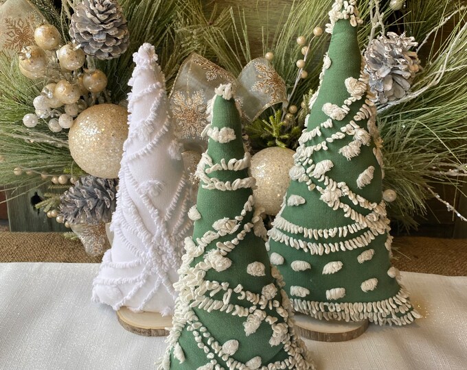 3 Vintage Chenille White and Green Christmas Trees Mantel Decor