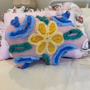 Chenille Pig Pillow Vintage Bedspread Pink, Yellow And Blue