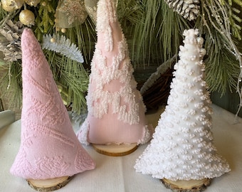 3 Vintage Chenille white and Pink Christmas trees Mantel Decor Farmhouse cottage