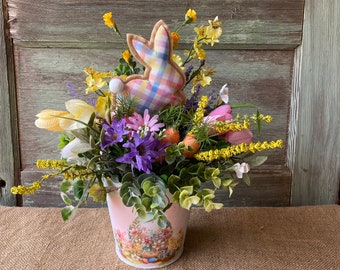 Easter Bunny Centerpiece Rabbit Tulips Carrots Spring Arrangement Farmhouse