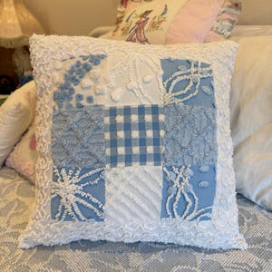Vintage Chenille Blue Patchwork Cottage Pillow made from chenille Bedspread 16&quot;X 16&quot;