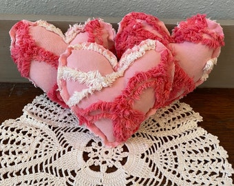 3 Vintage Chenille Pink Heart Bowl Filler Tiered Tray Decor Cupboard Tucks Romantic Hearts