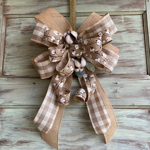 Cotton lambs ear and Burlap Farmhouse Bow, Wreath Wired Bow Lantern Bow, farmhouse decor