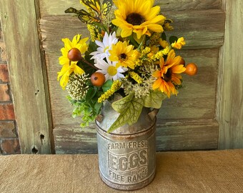 Sunflowers farmhouse Metal Spring Summer Fall Arrangement Sunflowers Primitive centerpiece Farm fresh eggs