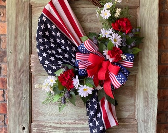 Patriotic Flag July Fourth Red white and blue Summer Farmhouse front Door Wreath, Everyday wreath, Memorial Day