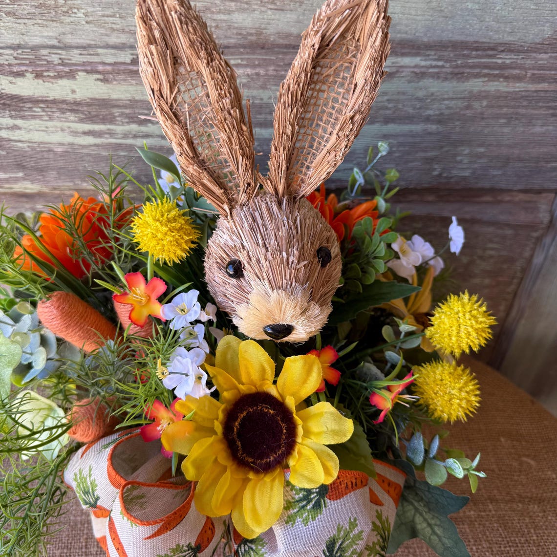 Waterfall Rabbit Arrangement Easter Bunny Centerpiece Rabbit Sunflowers Carrots Spring Arrangement ...