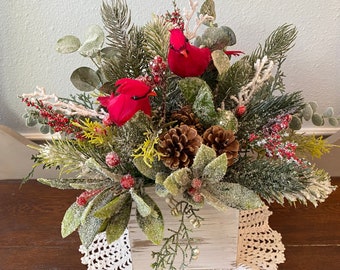 Cardinal RedBird Winter Arrangement  Bird Farmhouse Centerpiece