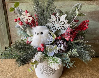 Farmhouse Owl,Bird Winter Woodland arrangement, Christmas decor, Snowflake Tin, berries, Pine Greenery centerpiece