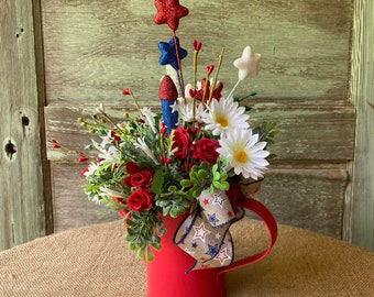 Red And White and Blue Watering Can Americana Arrangement Floral Fourth of July  Indepndence Day Patriotic Decor