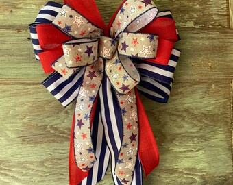 Patriotic bow, Fourth of July bow, Wreath Wired Ribbon Bow Lantern Bow, farmhouse decor