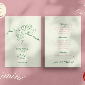 Plantilla de invitación para despedida de soltera con diseño de Cupido / Tarjeta con itinerario para despedida de soltera / Lindas ilustraciones de ángeles / Tarjeta de invitación a fiesta manuscrita editable / 0036