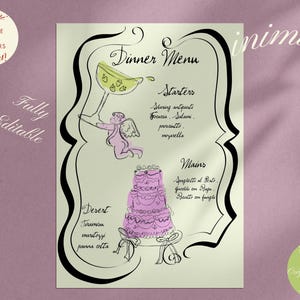 Modelo de MENU DE CASAMENTO CAPRICHOSO | Desenhado à mão e totalmente editável | Design de utensílios de mesa clássicos | Convite para celebrações e jantares | 0016