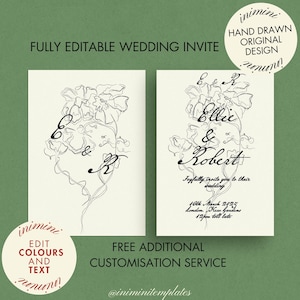 Modelo de convite para CASAMENTO FLORAL | Design desenhado à mão | Convite RSVP personalizável | Cartão Save The Date | 0024