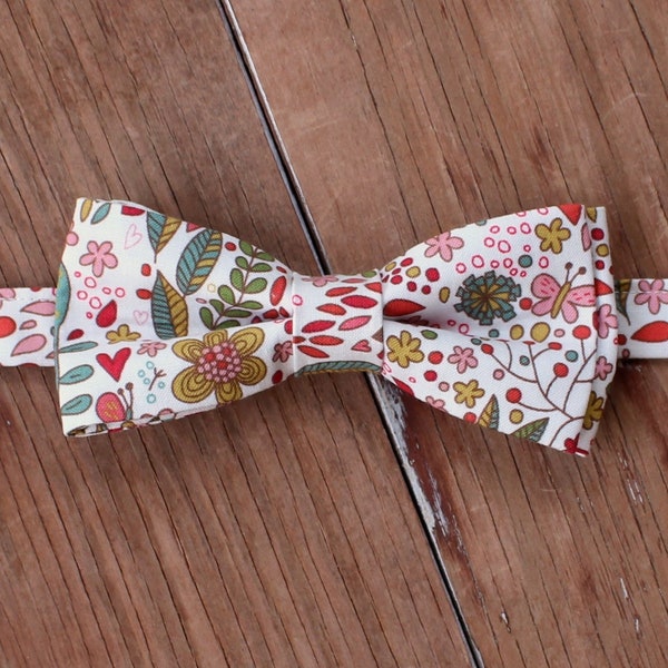 Funky floral bow tie, pink gold and green cotton bow tie on cream, mans tie, men's wedding bow tie, pre-tied adjustable, father's day