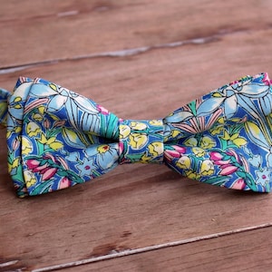 Men's Bow Tie, Liberty of London High Summer Flower Show, Adlington Hall, Cotton Bow Tie, flowers on blue, pretied bow tie, wedding tie image 1