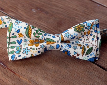 Boys floral fauna blue green gold cream bow tie, bowtie for kids, cotton pre-tied tie for babies, toddlers, kids, wedding bowtie