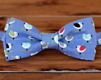 Boys Bird Bow Tie - Multi-Colored Birds on Periwinkle Blue cotton bowtie, bow tie for baby infant toddler child, little boy bow tie, gift