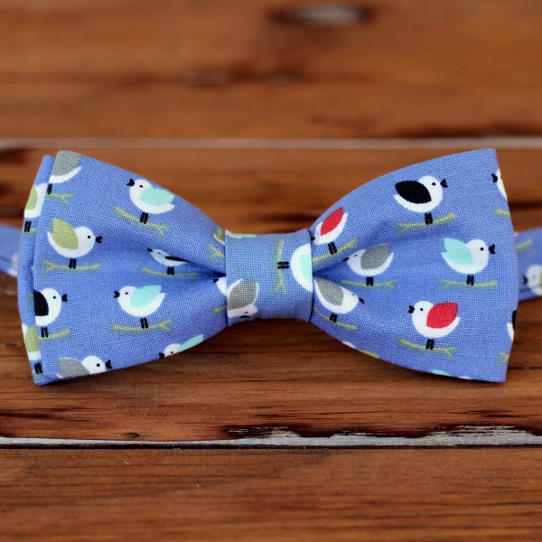 Boys Bird Bow Tie - Multi-Colored Birds on Periwinkle Blue cotton bowtie, bow tie for baby infant toddler child, little boy bow tie, gift