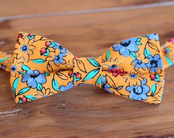 Boys Orange Floral  Bow Tie, boy's cotton blue flowers bowtie, infant toddler child preteen, pre-tied, wedding bow tie, gift, first birthday