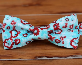 Boys Blue Red Bow Tie - boys red white blue floral cotton bowtie | infant baby toddler child preteen boy kid ties | boys wedding bow tie