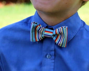 Boys Bow Tie - blue red white yellow multi narrow striped cotton bowtie, bow tie for infant toddler child preteen, little boy bow tie