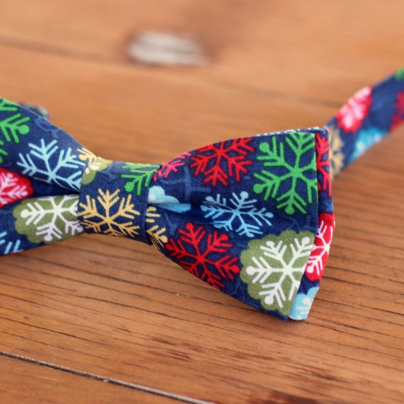 Mens Christmas Bow Tie mens Winter Snowflake on Navy Blue Cotton bowtie bow tie for men, teen boys mens holiday bow tie gift for him image 1