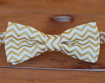 Boys gold chevron bow tie - boys gold cream chevron cotton bowtie, first birthday bow tie, smash cake bow tie, new years eve party bow ties