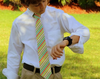 Boys Yellow Necktie - boy's blue yellow orange multi stripes cotton neck tie - pre-tied - baby infant toddler child preteen - boys birthday