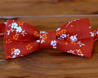 Boys Orange Bow Tie - boy's dark orange white ditzy flowers cotton bowtie, bow tie for baby infant toddler child preteen boy kid, pre-tied