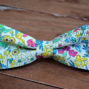 Men&#39;s Bow Tie, Liberty of London High Summer Flower Show, Wisley, Cotton Bow Tie, pink yellow floral on blue, pre-tied wedding bowtie