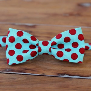 Mens Cotton Bow Tie Soft Turquoise blue and Bright Red Dot Print Cotton Bowtie bow tie for men, teen boy, wedding bow tie, mens blue tie image 1