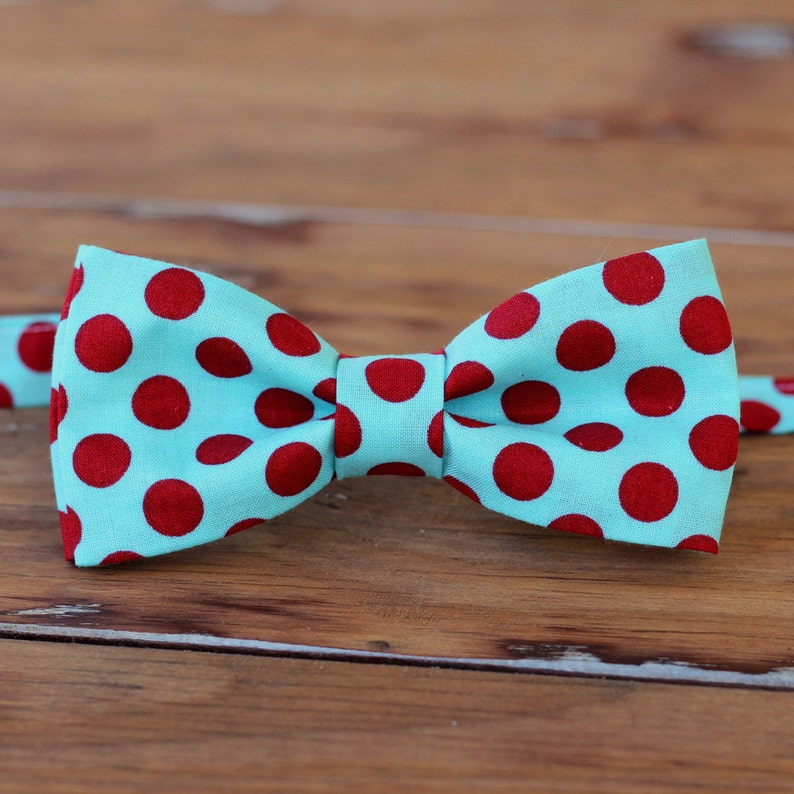 Mens Cotton Bow Tie Soft Turquoise blue and Bright Red Dot Print Cotton Bowtie bow tie for men, teen boy, wedding bow tie, mens blue tie image 1