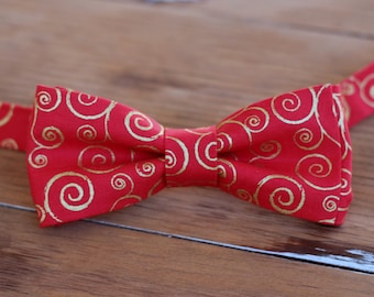 Boys Red Gold Holiday Bow Tie - boys swirl gold red bowtie - bow tie for baby infant toddler child preteen boy - holiday bow tie