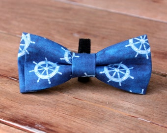 Blue Nautical Steering Wheel Dog Bow Tie, blue white, boat ship, bow tie attaches to dogs collar, small medium large