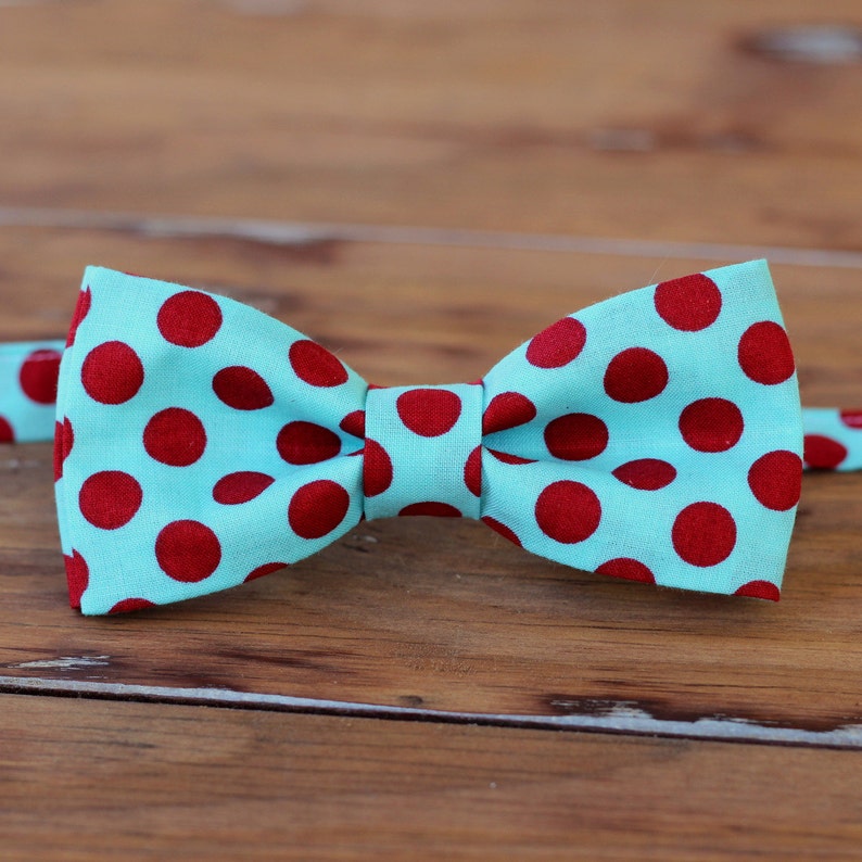 Mens Cotton Bow Tie Soft Turquoise blue and Bright Red Dot Print Cotton Bowtie bow tie for men, teen boy, wedding bow tie, mens blue tie image 4