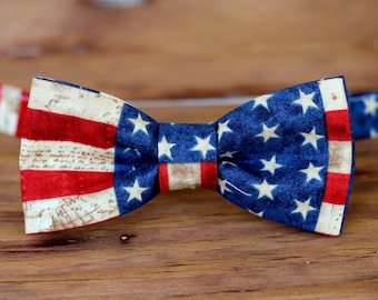 Fourth of July boys bow tie - cotton Independence Day American flag bowtie for boy - infant baby toddler child preteen ties - red cream blue