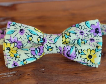 Boys Yellow Floral bow tie, boy's purple flowers cotton bowtie, bow tie for infant baby toddler child preteen, wedding bow tie, birthday tie